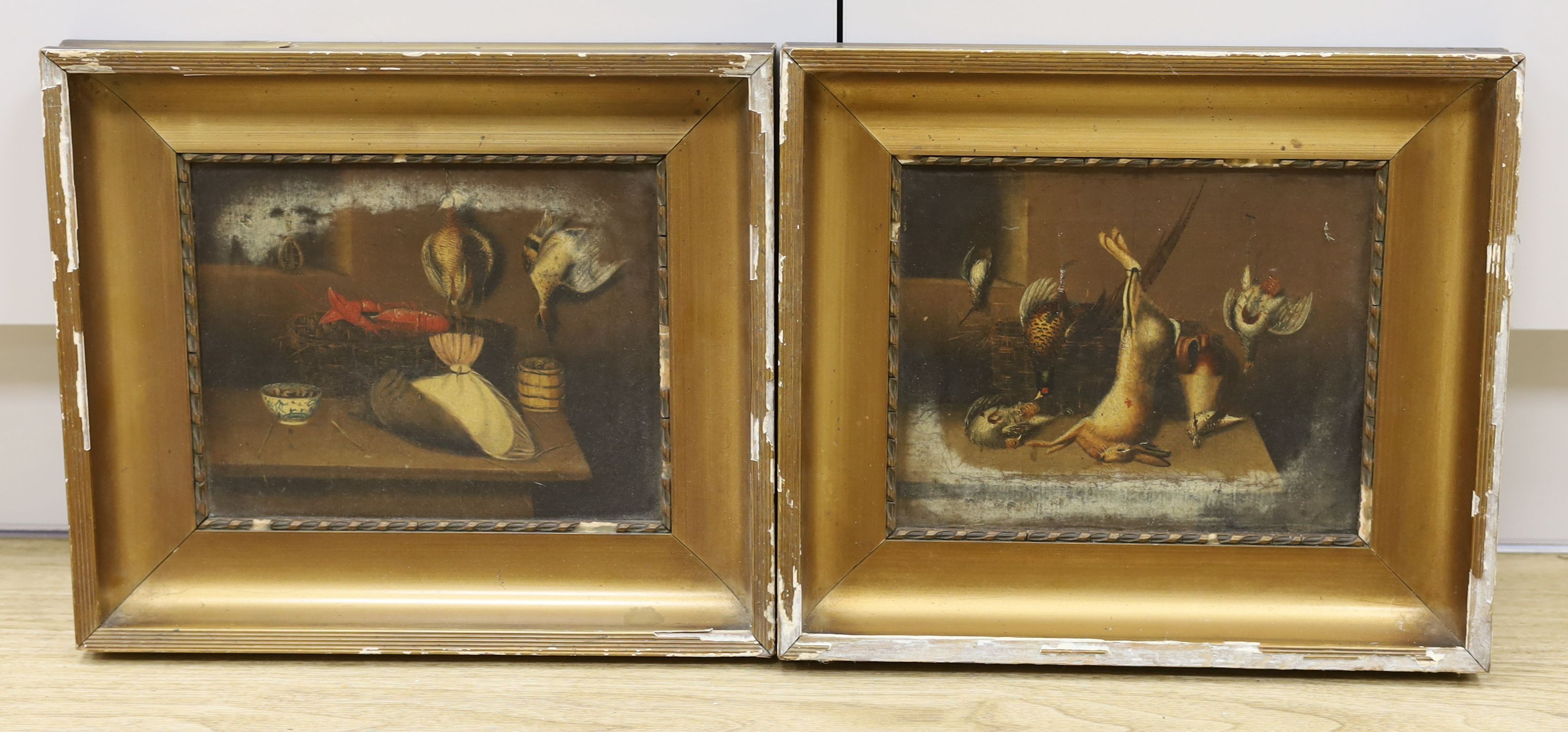 19th century English School, pair of oils on canvas, Studies of game and fish hanging in larders, 19 x 24cm